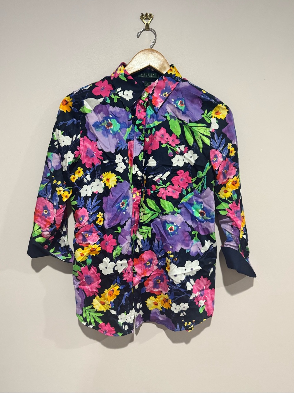 Lauren Ralph Lauren Med Floral Button Down Shirt Black Pink Purple Cotton